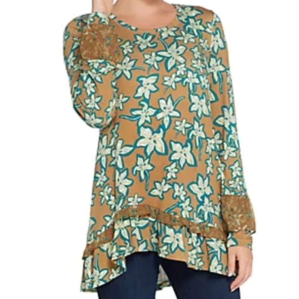 LOGO by Lori Goldstein‎ Floral Ruffle Lace Trim Long Sleeve Tunic Top Size L